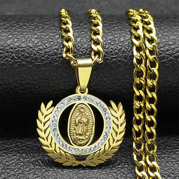 Classic Style Olive Branch with Our Lady of Guadalupe Rhinestones Pendant Necklace - Golden - image 0