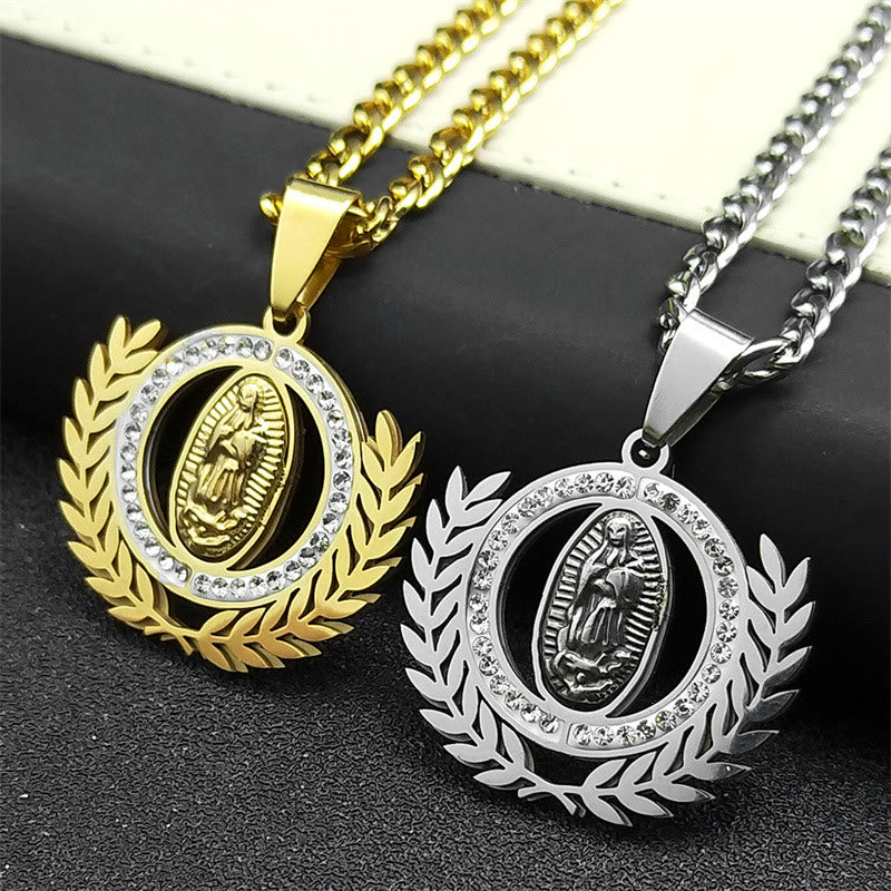 Classic Style Olive Branch with Our Lady of Guadalupe Rhinestones Pendant Necklace - image 2