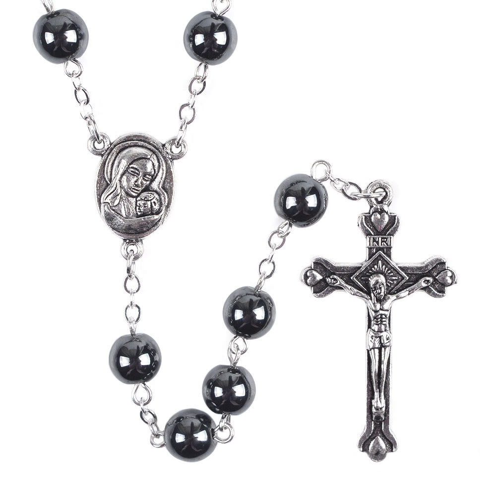 Madonna and Child & Crucifix of 8 mm Round Black Hematite Alloy Chain Rosary - image 2