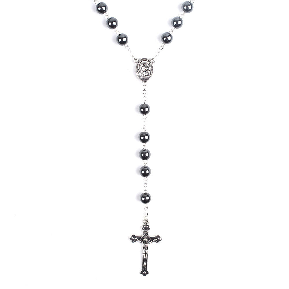 Madonna and Child & Crucifix of 8 mm Round Black Hematite Alloy Chain Rosary - image 4