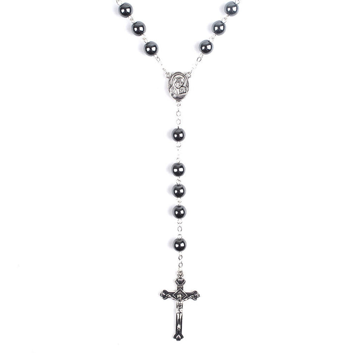Madonna and Child & Crucifix of 8 mm Round Black Hematite Alloy Chain Rosary - image 4