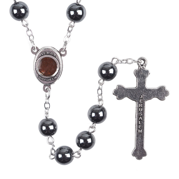 Madonna and Child & Crucifix of 8 mm Round Black Hematite Alloy Chain Rosary - image 3