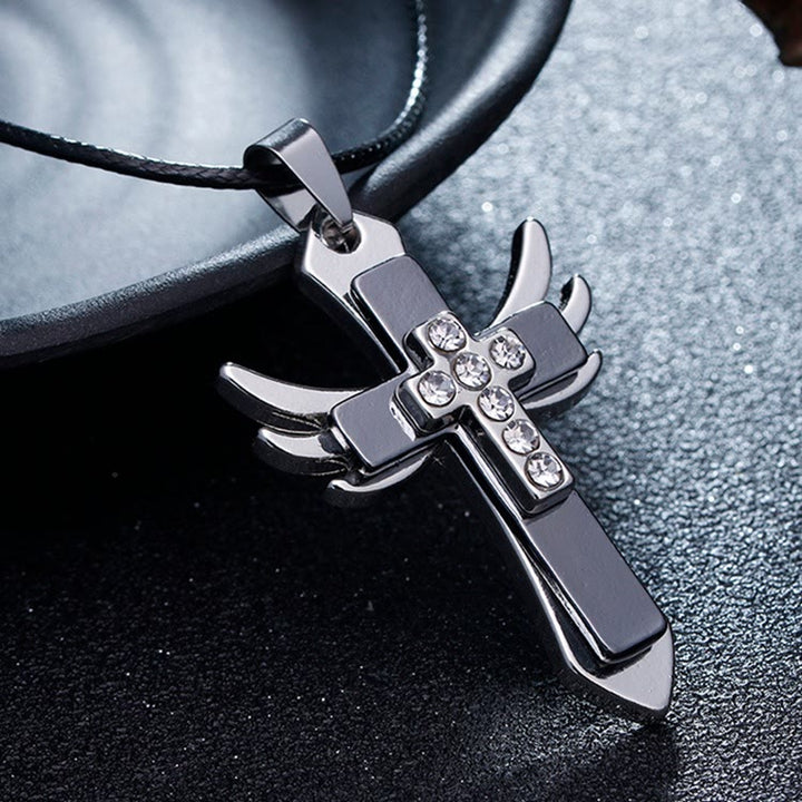 Minimalist Style Cross Angel Wings Glossy Rhinestones Pendant Necklace - Gun Black - image 3