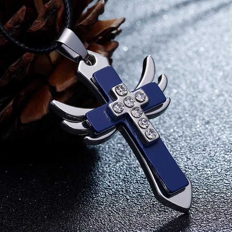Minimalist Style Cross Angel Wings Glossy Rhinestones Pendant Necklace - Blue - image 1