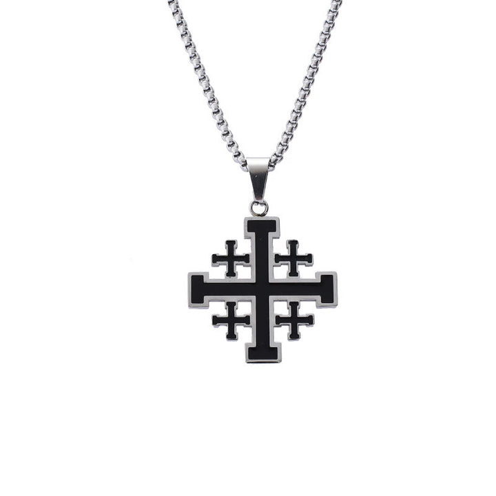 Hip-hop Style Jerusalem Cross Titanium Steel Pendant Necklace - Silver with chain - image 6