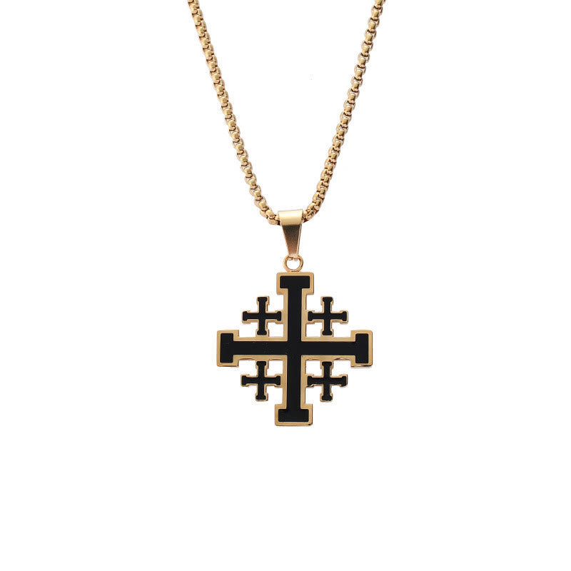 Hip-hop Style Jerusalem Cross Titanium Steel Pendant Necklace - Gold with chain - image 7