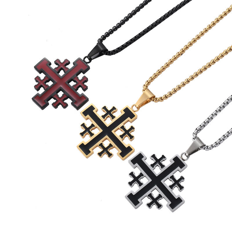 Hip-hop Style Jerusalem Cross Titanium Steel Pendant Necklace - Black with chain - image 1