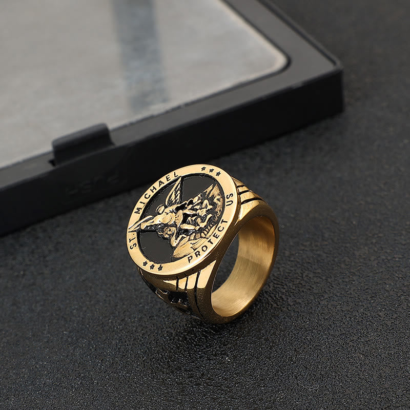 Christianartworkshop Retro Style Archangel Michael Titanium Steel Ring - Golden - UK Size Z（US 13） - image 5