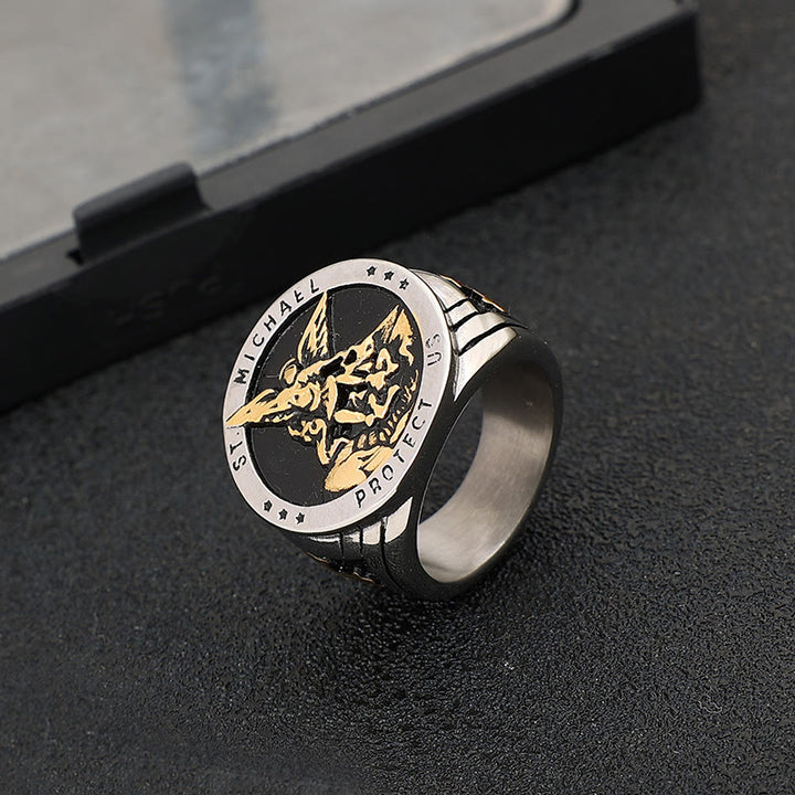 Christianartworkshop Retro Style Archangel Michael Titanium Steel Ring - Two-tone gold - US13 - image 5