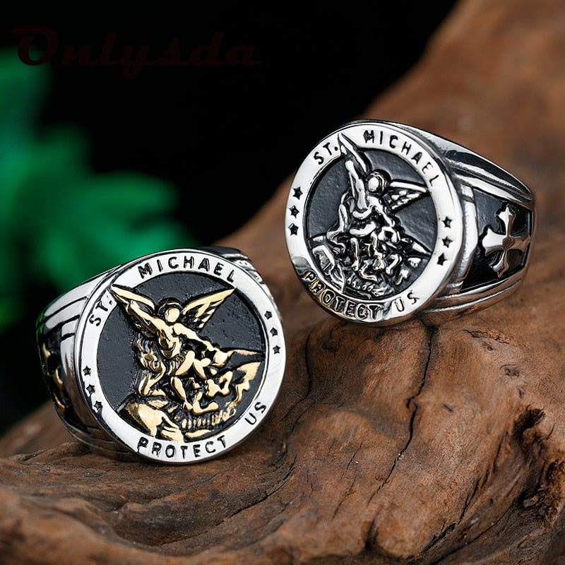 Christianartworkshop Retro Style Archangel Michael Titanium Steel Ring - Silver - US7 - image 1