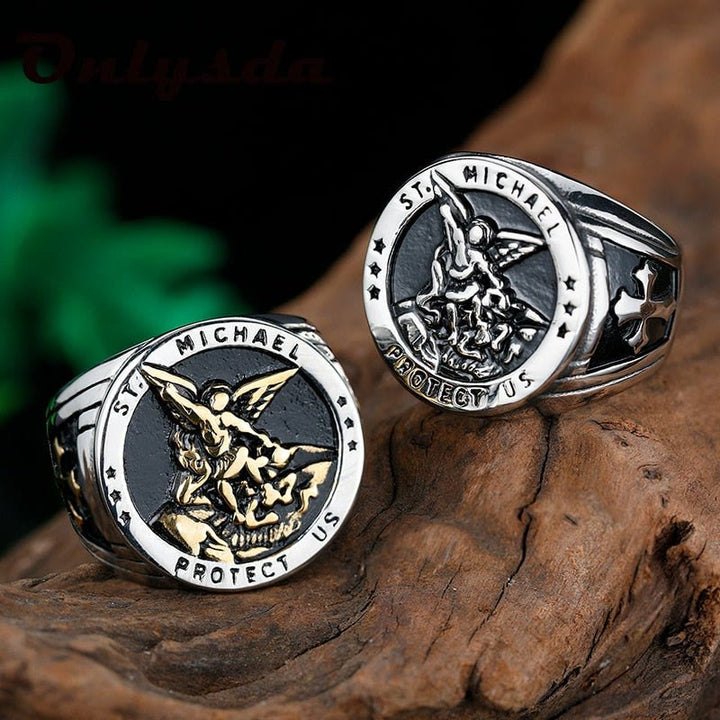 Christianartworkshop Retro Style Archangel Michael Titanium Steel Ring - Silver - US7 - image 1