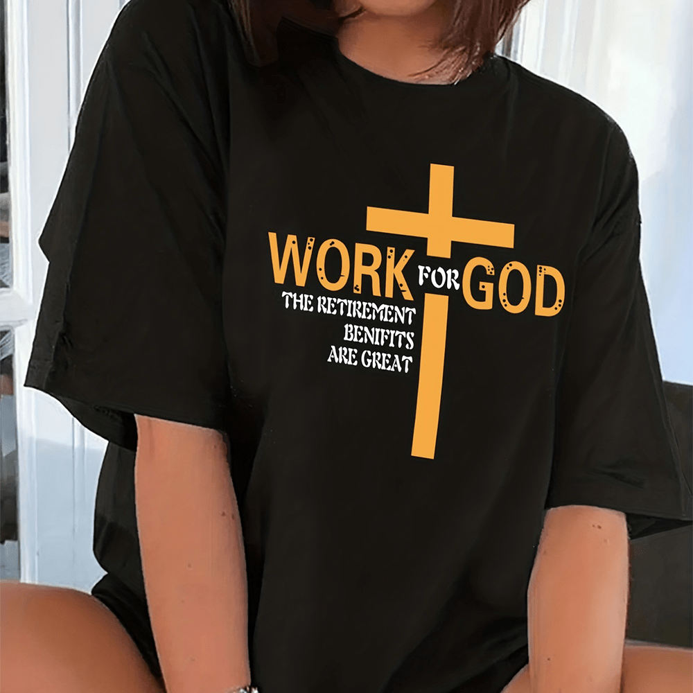 Christianartworkshop Minimalist Modern Style WORK FOR GOD Cross Short Sleeve Washed T-shirt - Black - 3XL - image 1