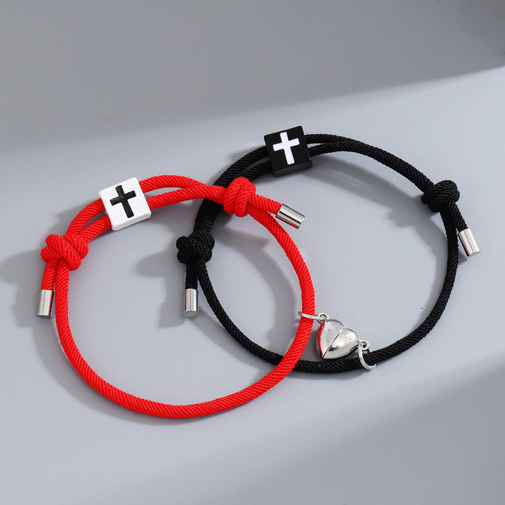 Minimalist Style Heart Magnet Alloy Cross Adjustable Couple Bracelet - Black+Red - image 4