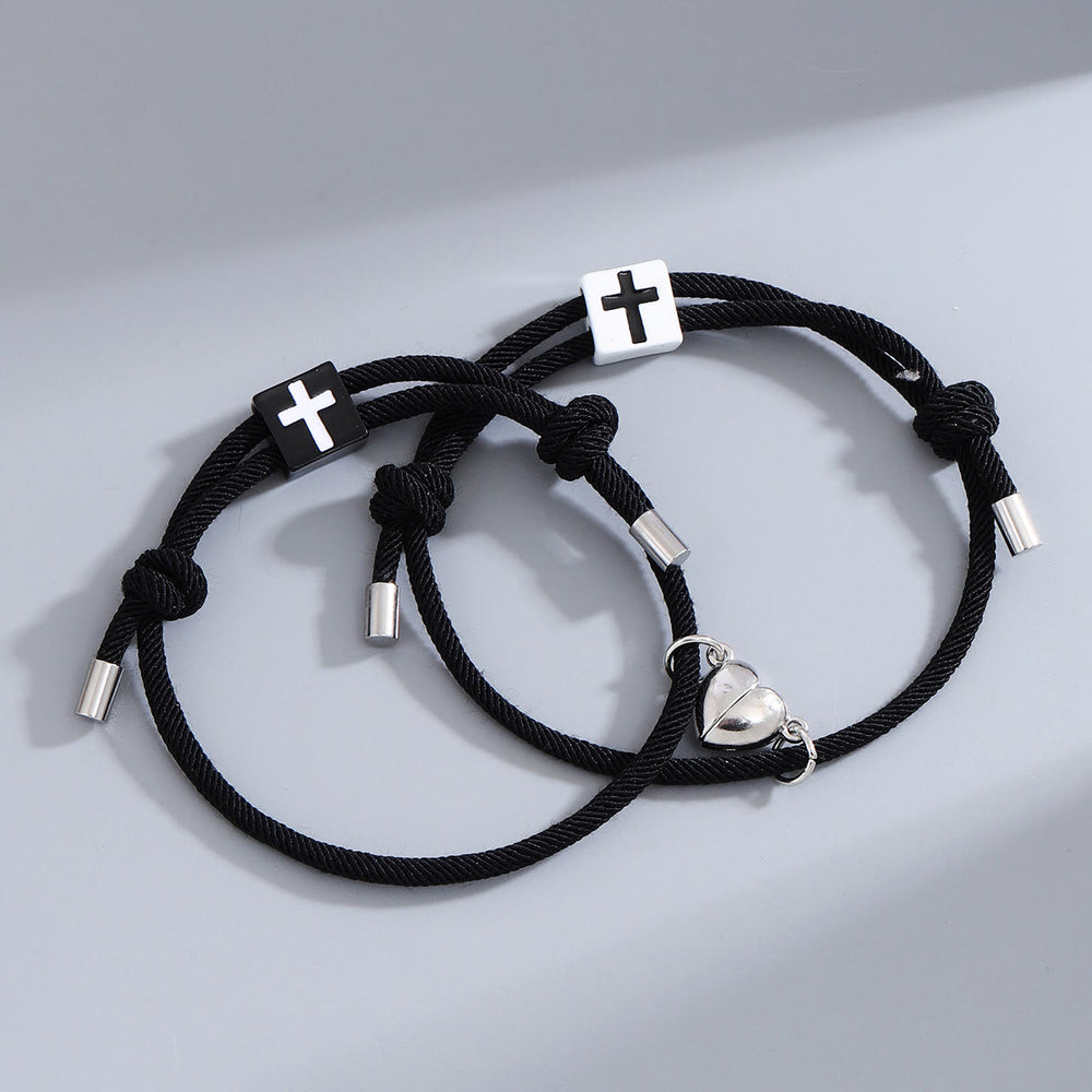 Minimalist Style Heart Magnet Alloy Cross Adjustable Couple Bracelet - Black+Black - image 2