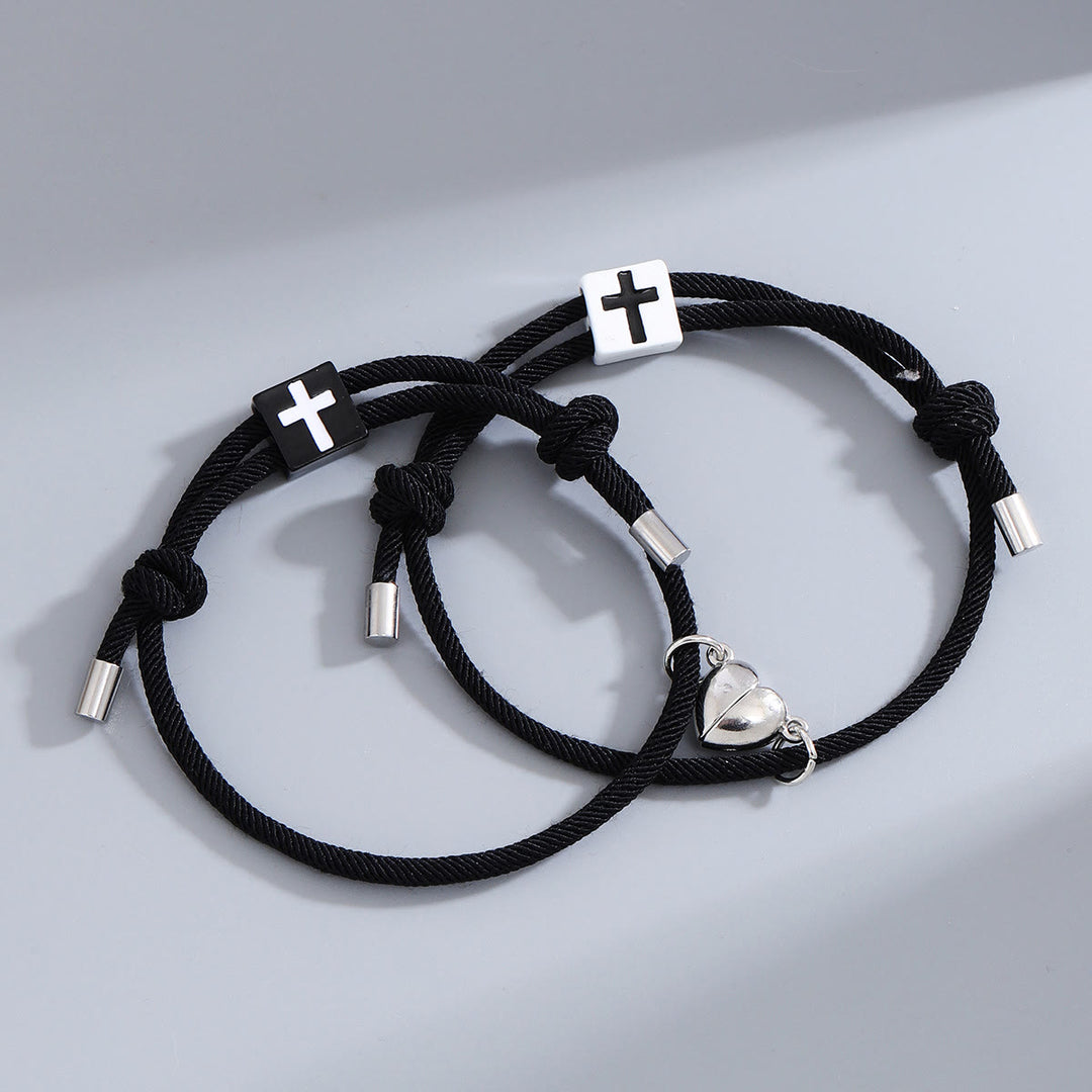 Minimalist Style Heart Magnet Alloy Cross Adjustable Couple Bracelet - Black+Black - image 2