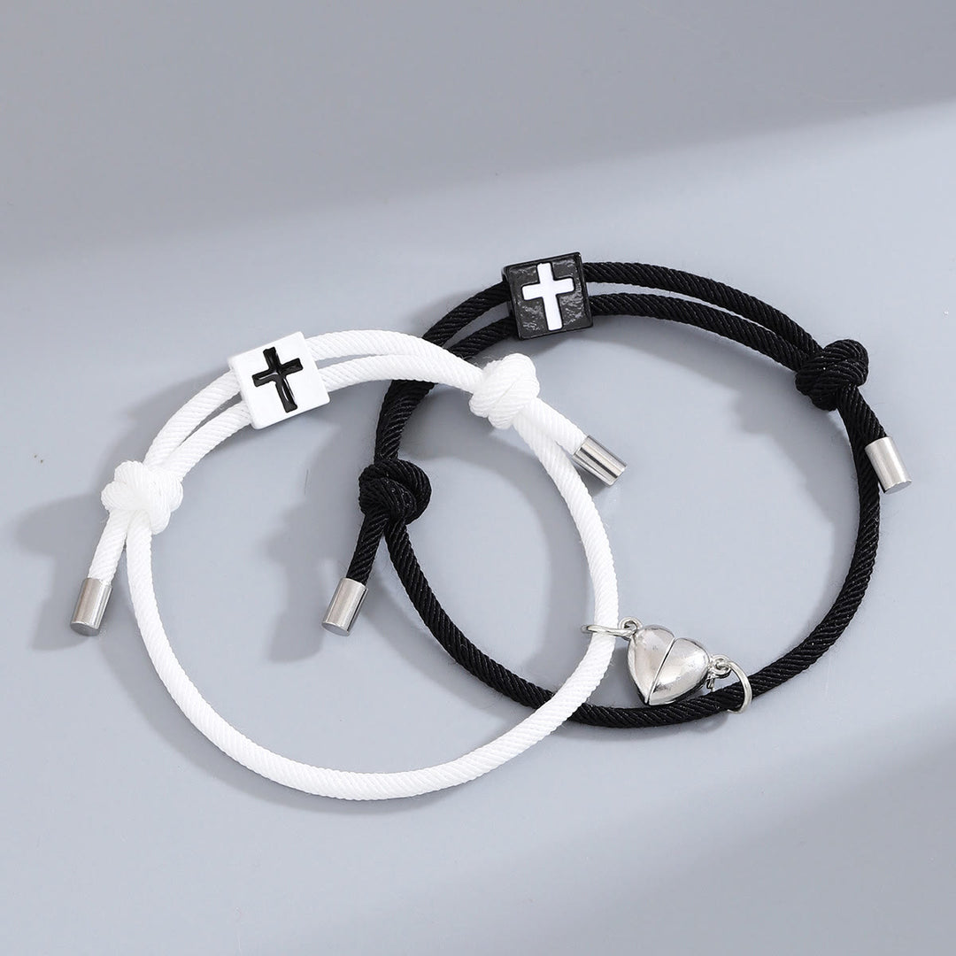 Minimalist Style Heart Magnet Alloy Cross Adjustable Couple Bracelet - Black+White - image 1