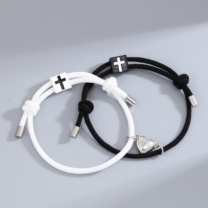 Minimalist Style Heart Magnet Alloy Cross Adjustable Couple Bracelet - Black+White - image 1