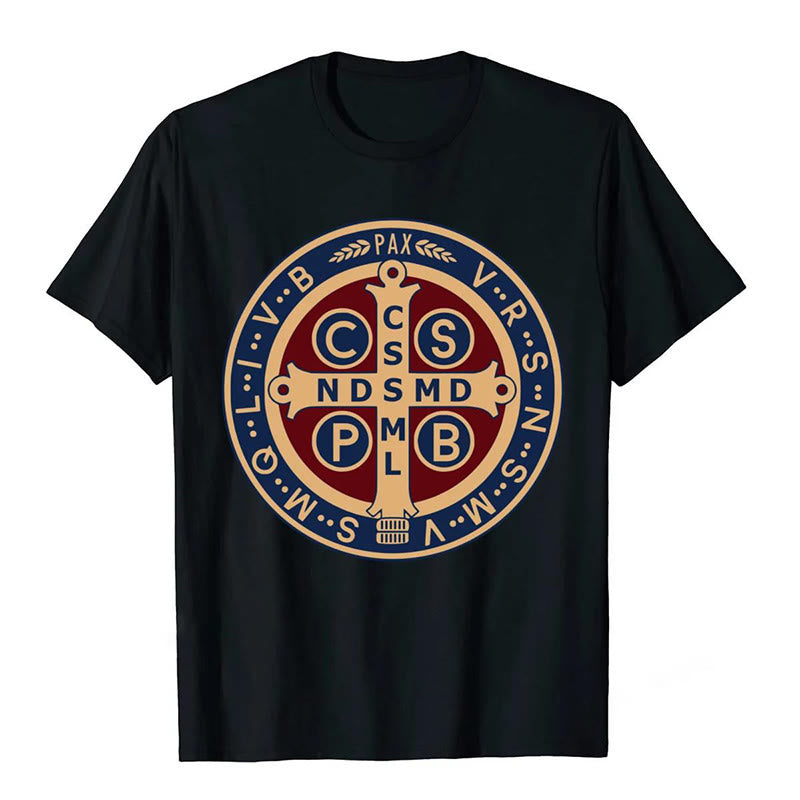 Christianartworkshop Classic Colored Style St. Benedict Protector Icon Short Sleeve Washed T-shirt - Black - 3XL - image 1