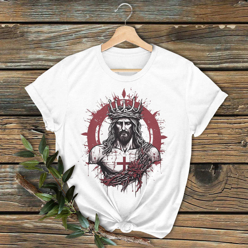 Christianartworkshop Classic Colored Style Crucifixion and Salvation of Jesus Short Sleeve Washed T-shirt - White - 2XL - image 1
