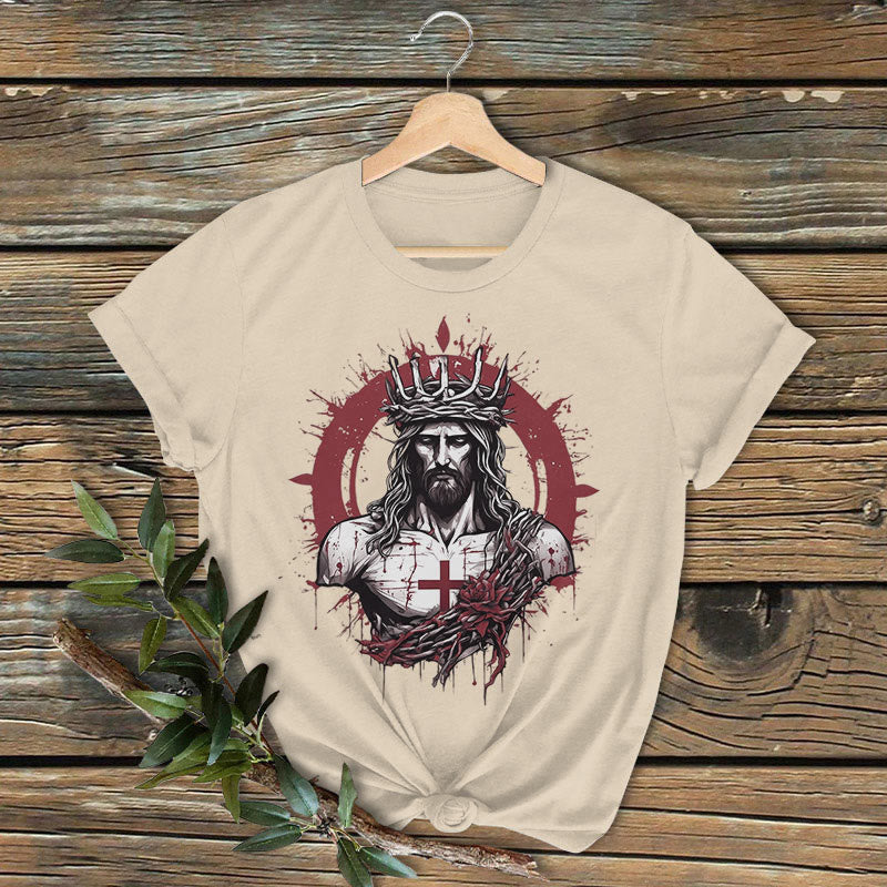 Christianartworkshop Classic Colored Style Crucifixion and Salvation of Jesus Short Sleeve Washed T-shirt - Beige - 2XL - image 2