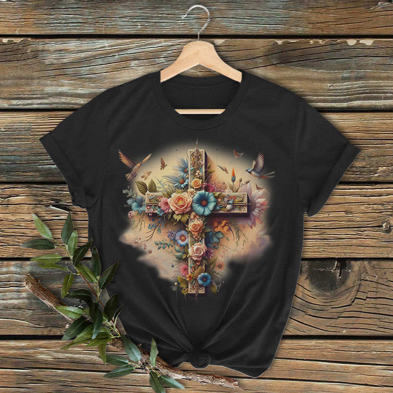 Christianartworkshop Classic Colored Style Cross of Love Short Sleeve Washed T-shirt - Black - 2XL - image 2