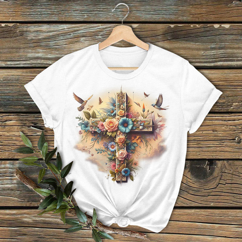 Christianartworkshop Classic Colored Style Cross of Love Short Sleeve Washed T-shirt - White - 2XL - image 1