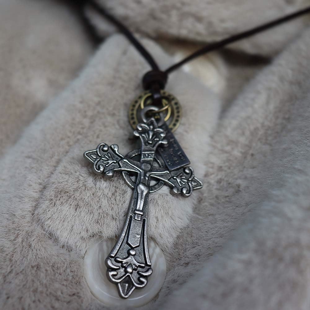 Retro Classic Style Crucifix Pendant Leather Rope Necklace - image 10