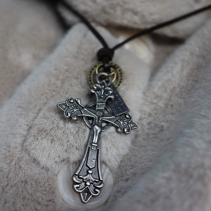 Retro Classic Style Crucifix Pendant Leather Rope Necklace - image 10
