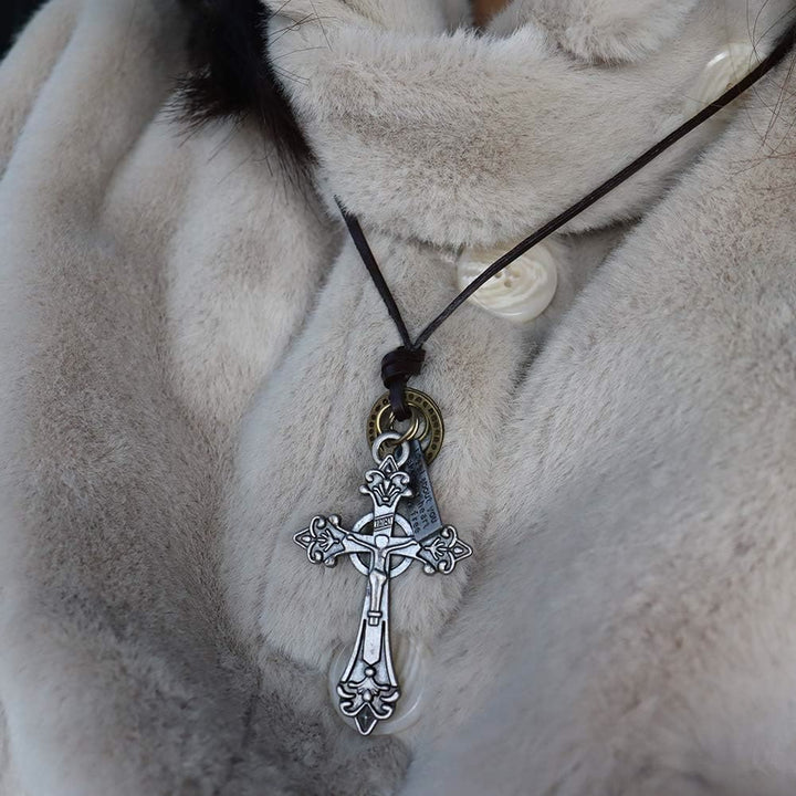 Retro Classic Style Crucifix Pendant Leather Rope Necklace - image 8