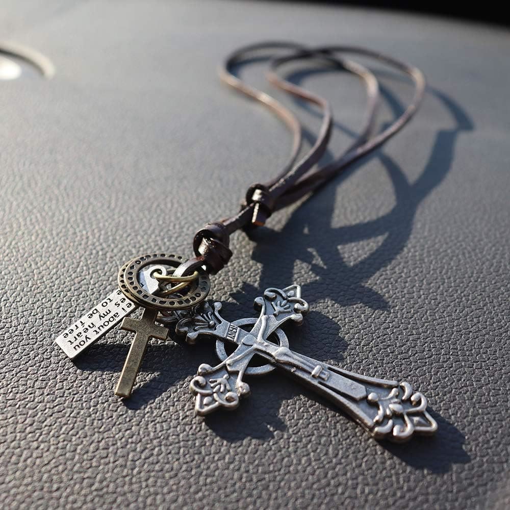 Retro Classic Style Crucifix Pendant Leather Rope Necklace - Silver - image 7