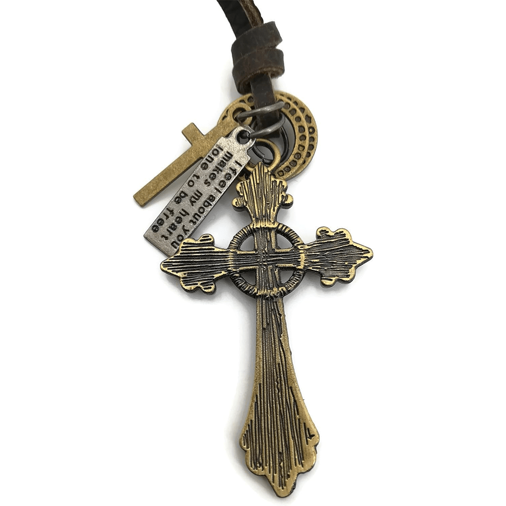 Retro Classic Style Crucifix Pendant Leather Rope Necklace - image 6