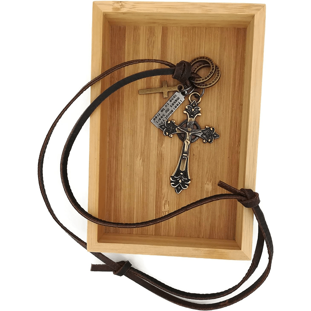 Retro Classic Style Crucifix Pendant Leather Rope Necklace - image 12