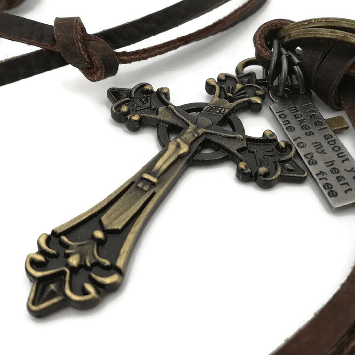 Retro Classic Style Crucifix Pendant Leather Rope Necklace - image 5