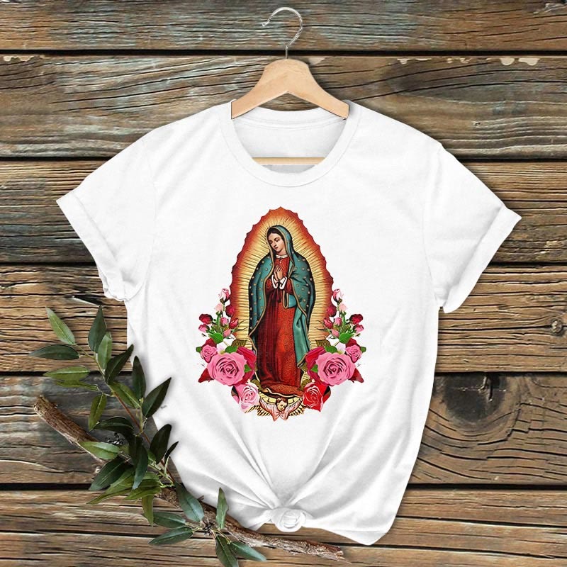 Classic Colored Style Our Lady of Guadalupe Short Sleeve Washed T-shirt - White - 2XL - image 0