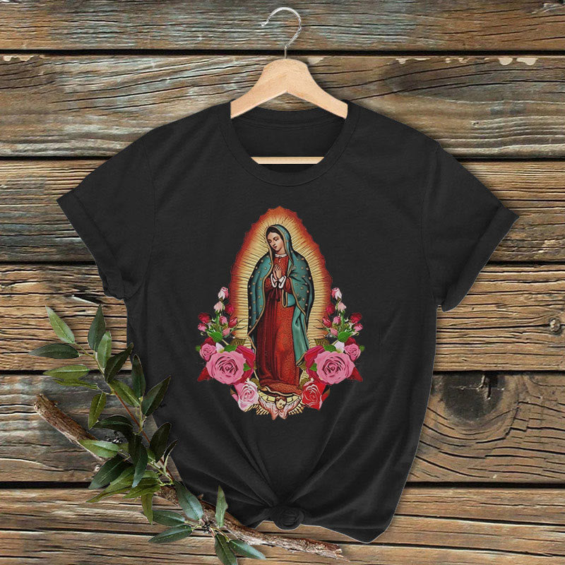 Classic Colored Style Our Lady of Guadalupe Short Sleeve Washed T-shirt - Black - 2XL - image 1