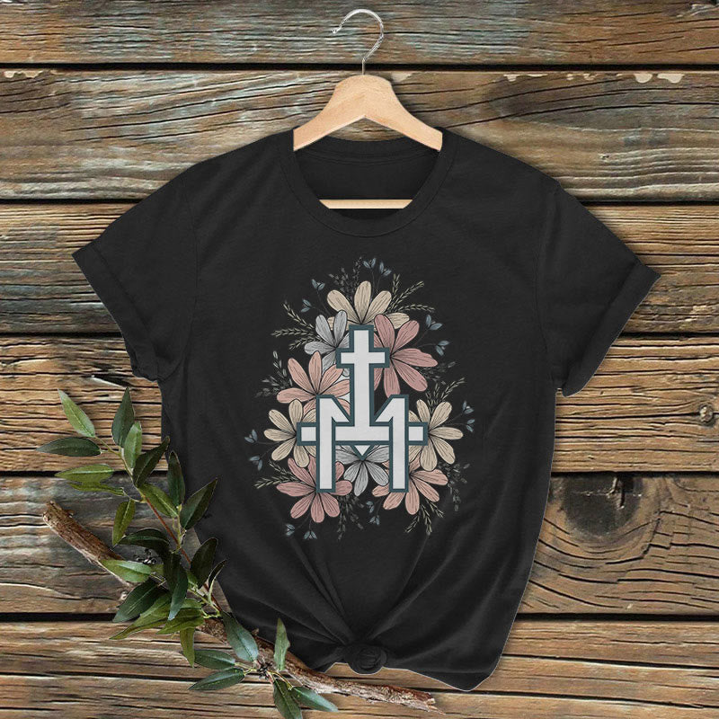 Christianartworkshop Classic Colored Style  Floral Marian Cross Short Sleeve Washed T-shirt - Black - 2XL - image 1