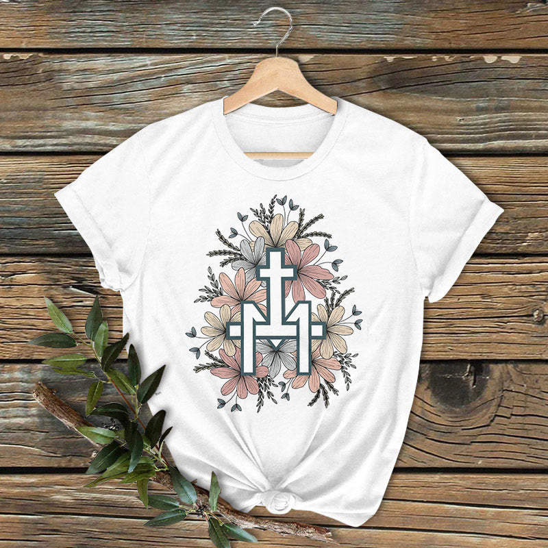 Christianartworkshop Classic Colored Style  Floral Marian Cross Short Sleeve Washed T-shirt - White - 2XL - image 1