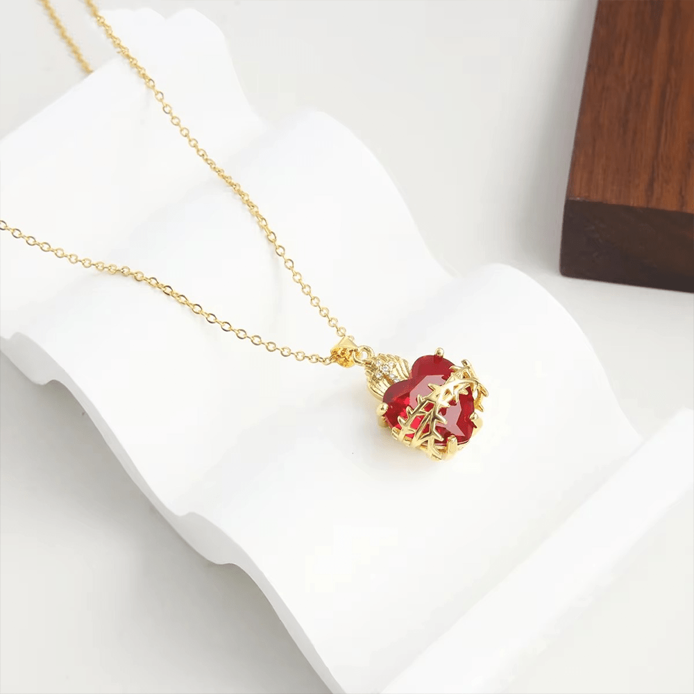 Modern Style Crafted Red Gemstones Sacred Heart of Jesus Pendant Necklace - image 5