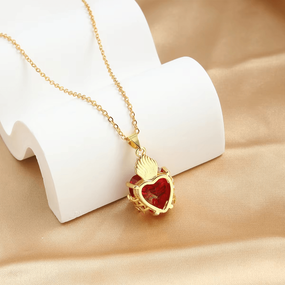 Modern Style Crafted Red Gemstones Sacred Heart of Jesus Pendant Necklace - image 11