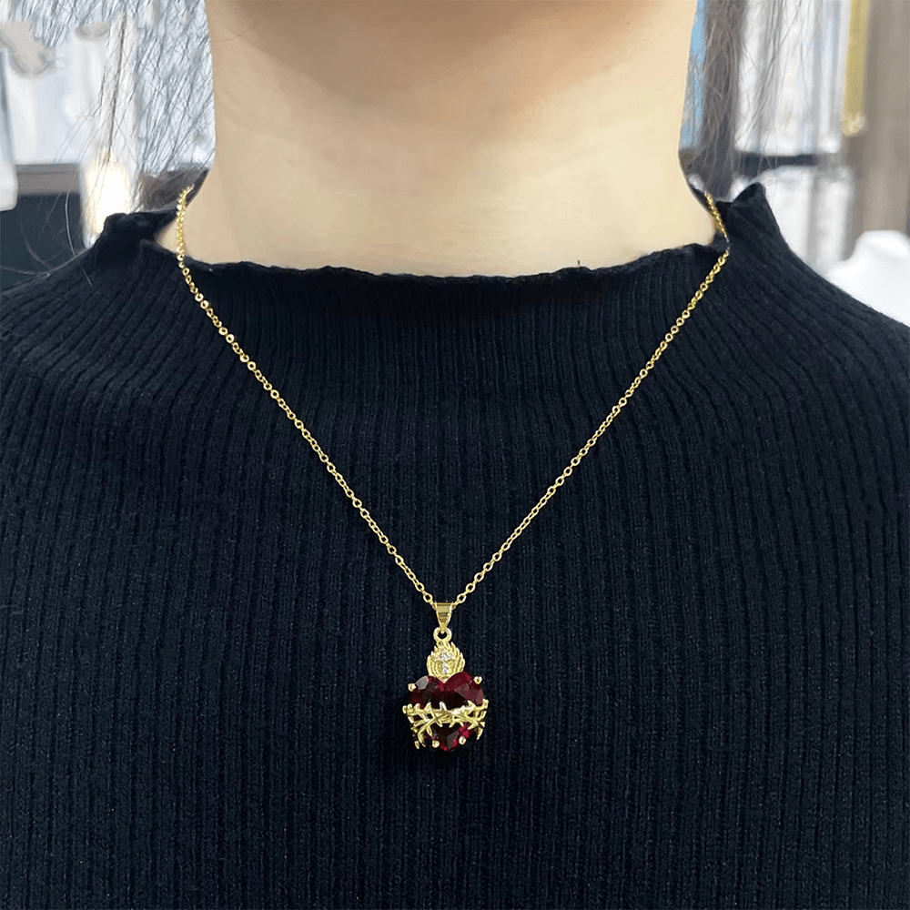 Modern Style Crafted Red Gemstones Sacred Heart of Jesus Pendant Necklace - image 10