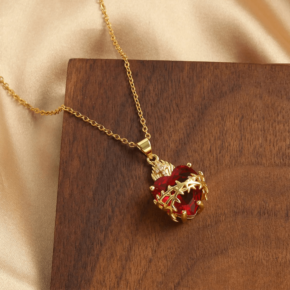 Modern Style Crafted Red Gemstones Sacred Heart of Jesus Pendant Necklace - image 4