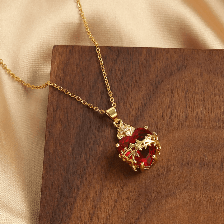 Modern Style Crafted Red Gemstones Sacred Heart of Jesus Pendant Necklace - image 4