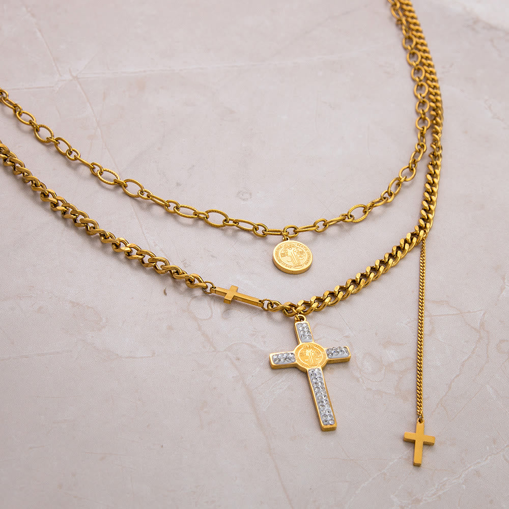 Layered Necklace Style St. Benedict Cross Pendant Mixed Chain Necklace - image 3