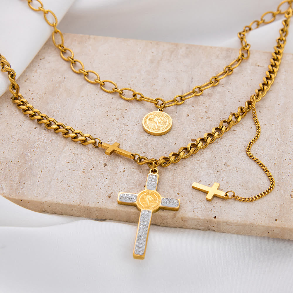 Layered Necklace Style St. Benedict Cross Pendant Mixed Chain Necklace - image 1