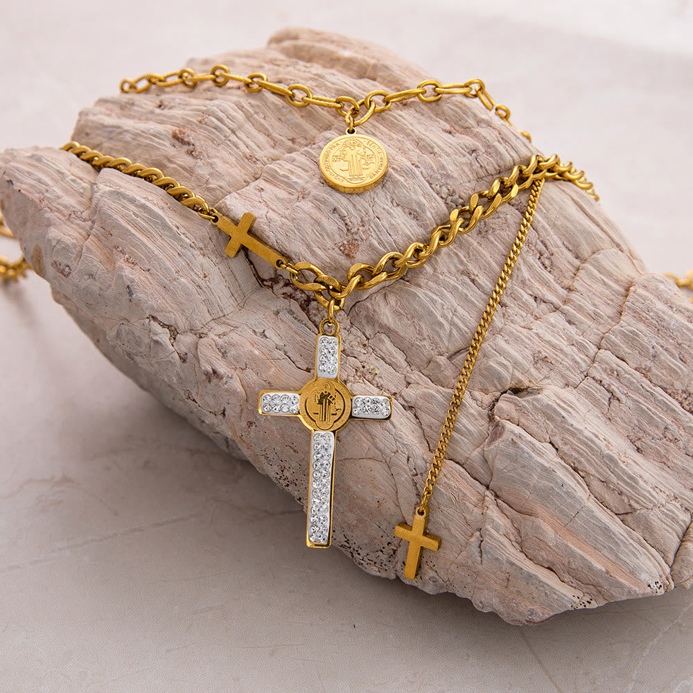 Layered Necklace Style St. Benedict Cross Pendant Mixed Chain Necklace - Golden - image 1