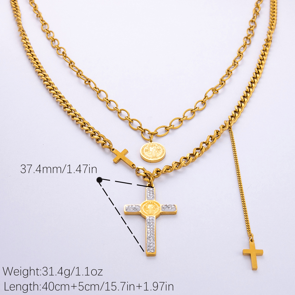 Layered Necklace Style St. Benedict Cross Pendant Mixed Chain Necklace - image 4