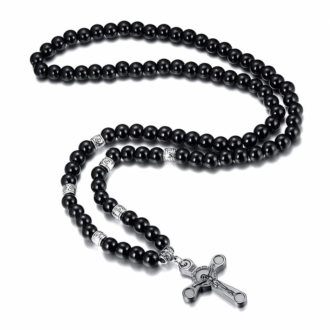 Retro Noble Style Crucifix Black Gallstone Beads Pendant Necklace - image 5