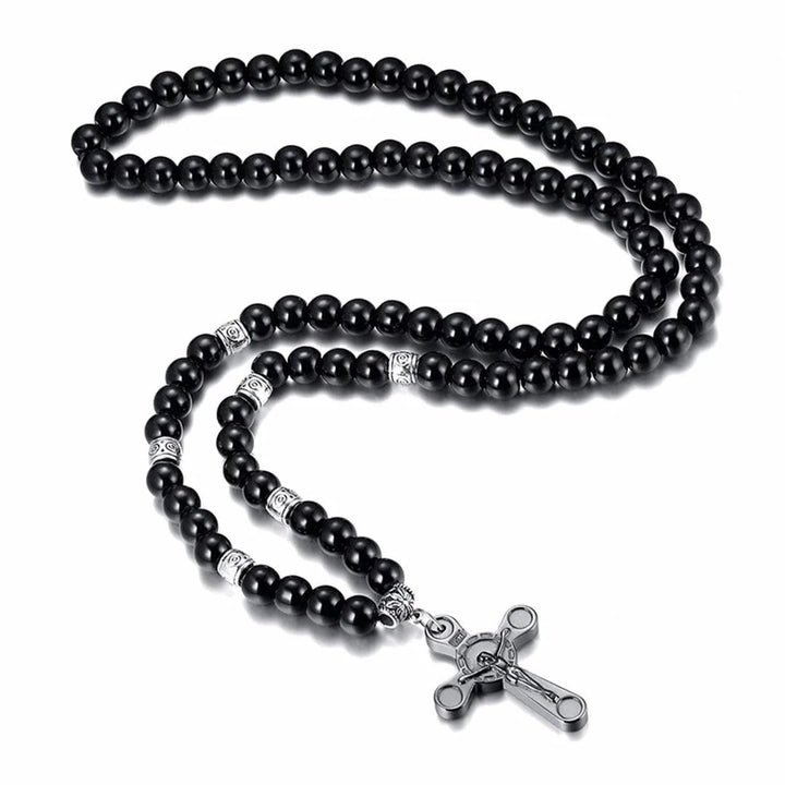 Retro Noble Style Crucifix Black Gallstone Beads Pendant Necklace - image 5