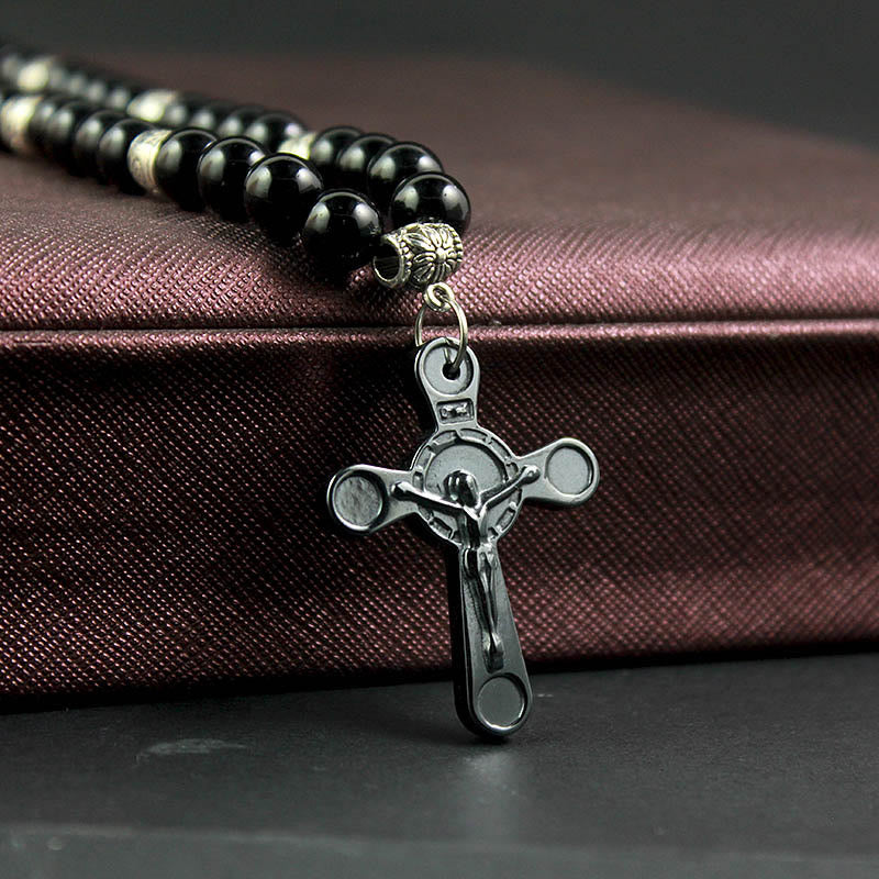 Retro Noble Style Crucifix Black Gallstone Beads Pendant Necklace - image 4