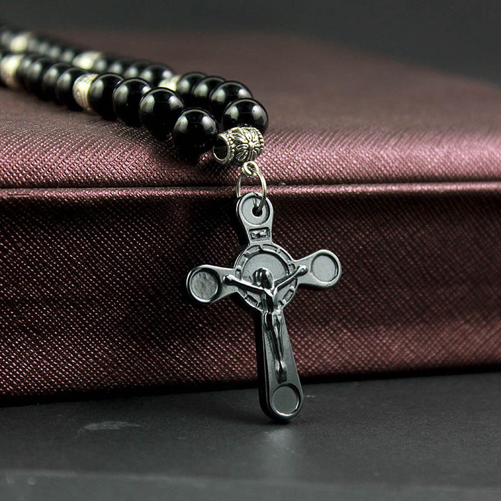 Retro Noble Style Crucifix Black Gallstone Beads Pendant Necklace - image 4